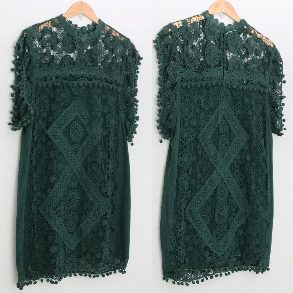 Tularosa Revolve Clayton Tunic Mini Dress L Hunter Green Pom Pom Trim Lace $210 - Picture 3 of 16
